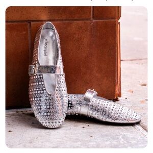 Jeffrey Campbell Shelly Mary Jane flats in a silver perforated leather finish 9